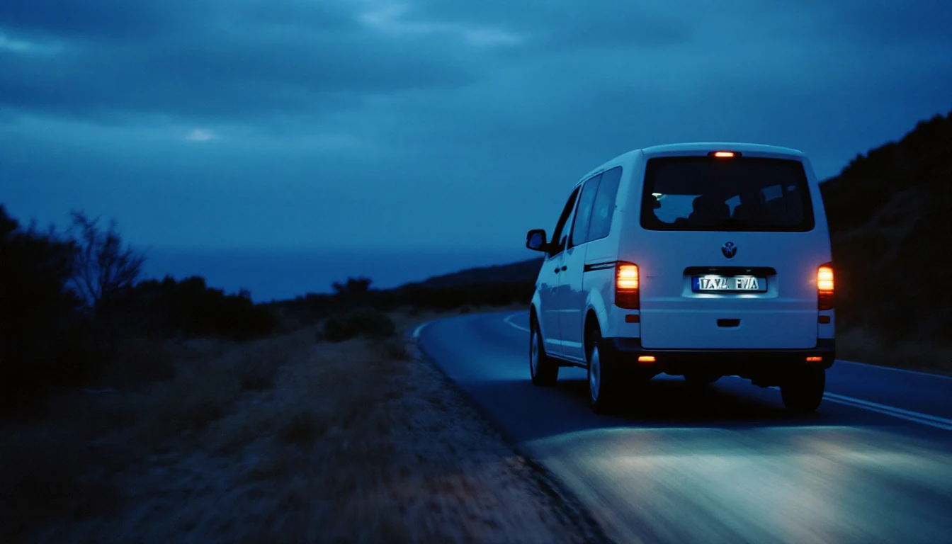 Passenger transport vehicle on a coastal road at dusk.
