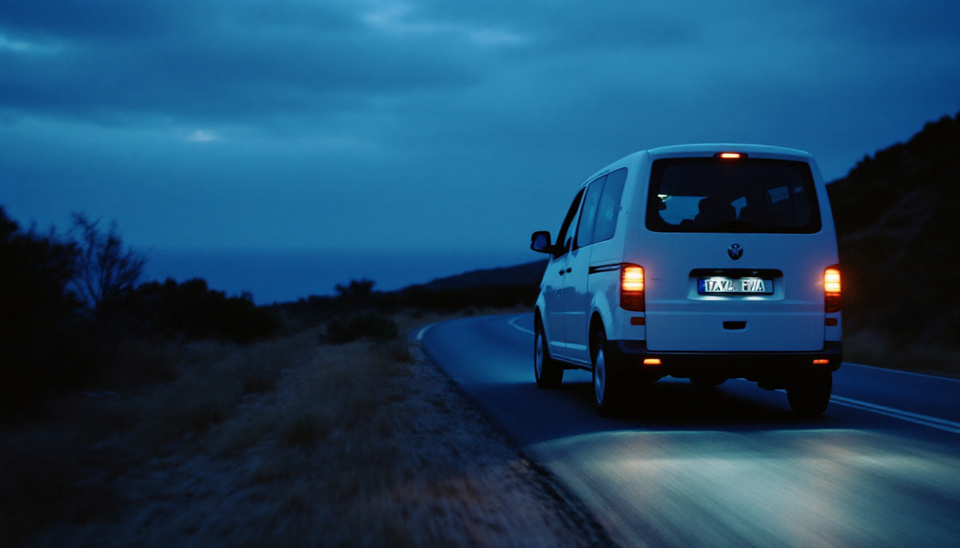 Furgoneta blanca de VTC circulando al anochecer por una carretera costera de Ibiza.